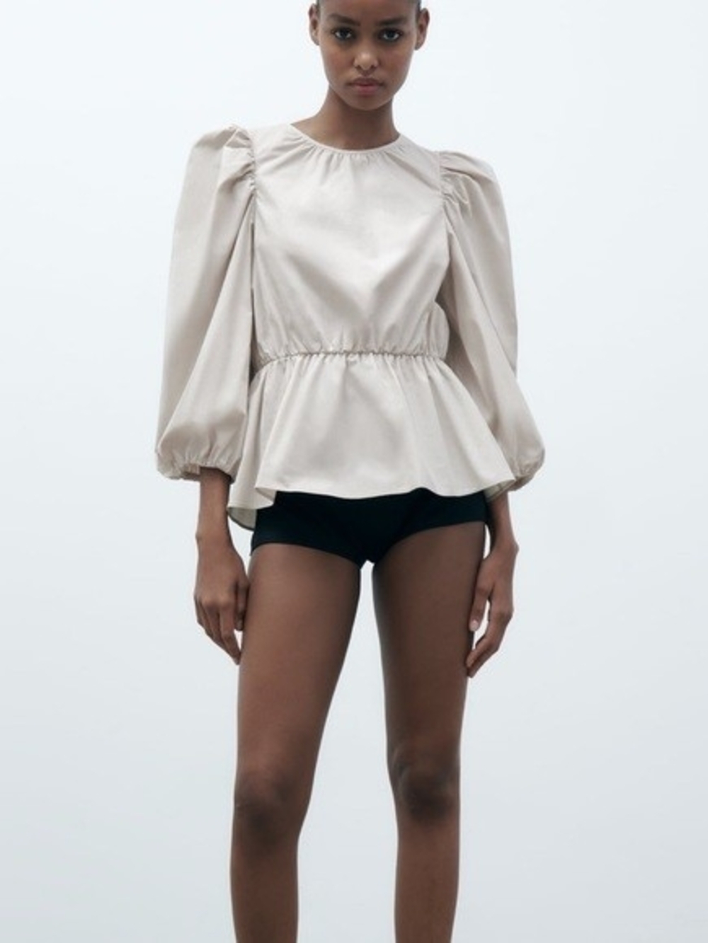 Zara Cream Peplum Balloon-Sleeve Blouse